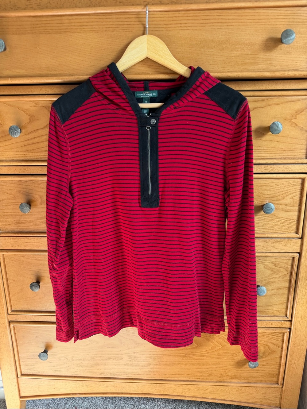 LRL Lauren Ralph Lauren Womens XL Red Striped Hoodie Preppy Activewear 1/4 Zip